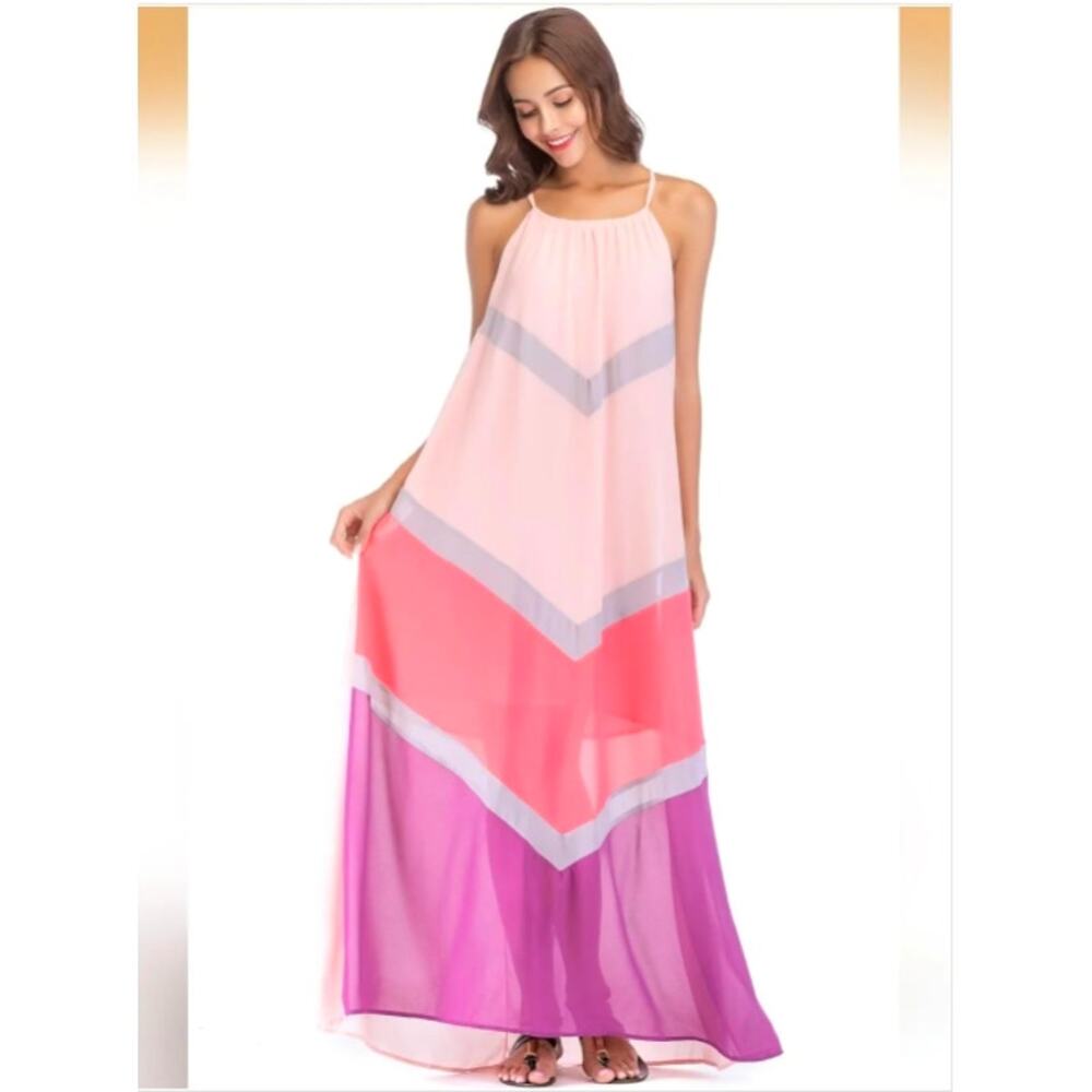 New! Pink and Purple Color-block Chevron Maxi Dress - Small